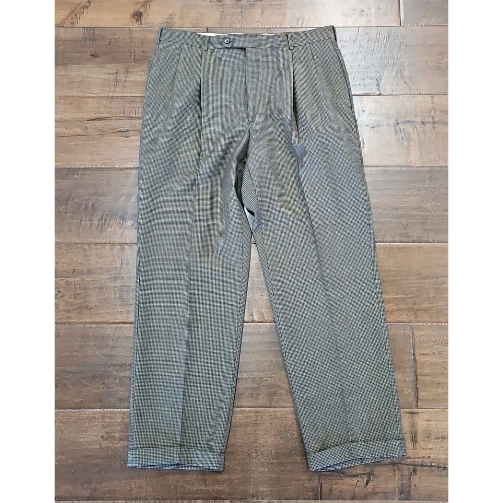 Vintage Berle Pants MENS 36×32 Brown Wool Pleated Cuffed Slacks Houndstooth